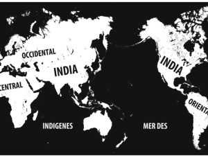 Stylized black and white world map by Pedro Lasch titled "Global Indianization." Contintents are broadly labeled.