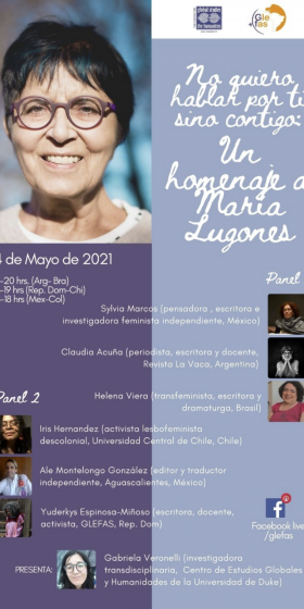 Image of María Lugones and Panelists for May 4 2021 tribute event in memory of María Lugones