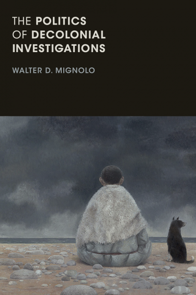 Book cover art from Zorikto Dorzhiev painting "Sea." Man and dog look out at the sea under dark clouds, seen from behind.